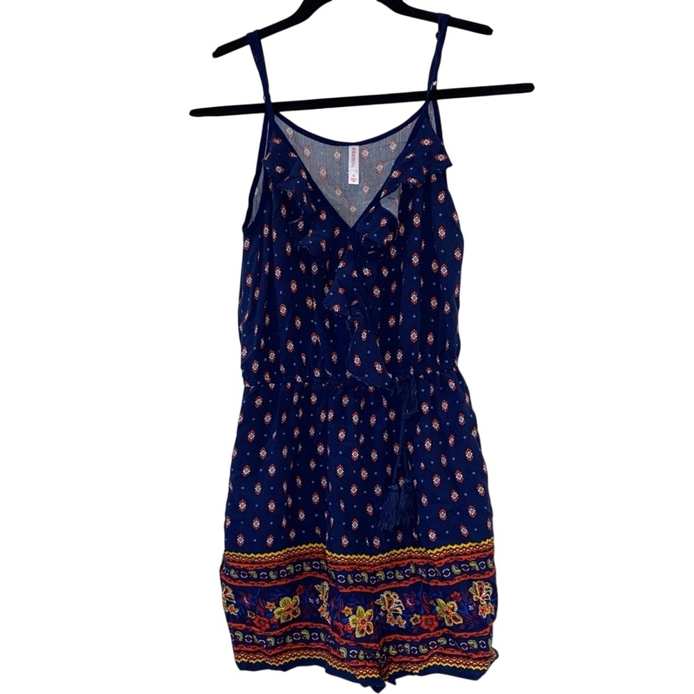 Xhilaration Faux Wrap Romper Small Navy Boho Floral Tassel Tie Sleeveless